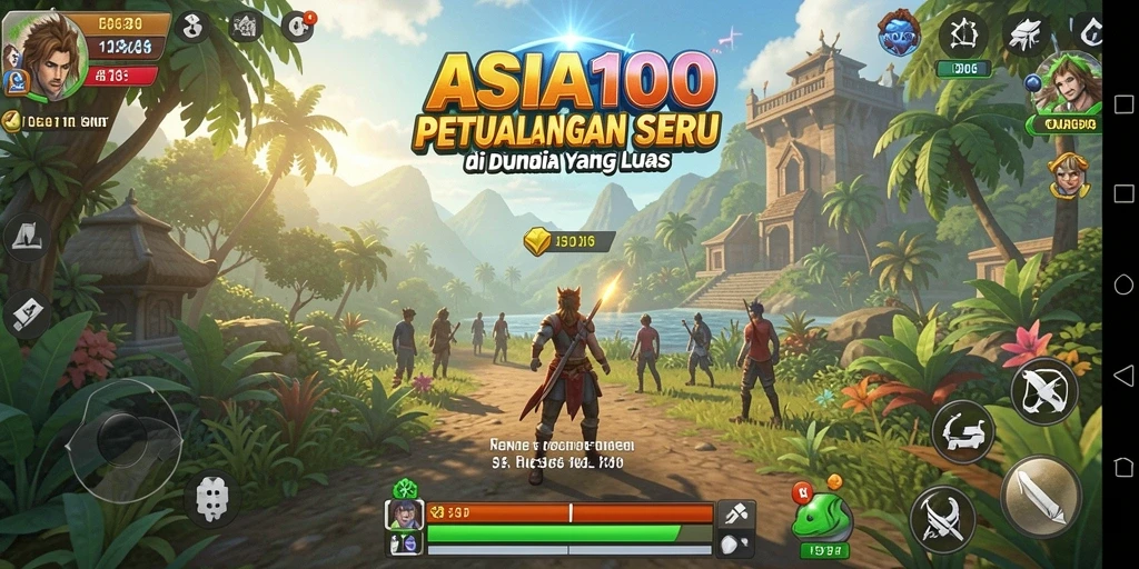 Tangkapan layar utama ASIA100 menampilkan aksi eksplorasi di dunia fantasi.
