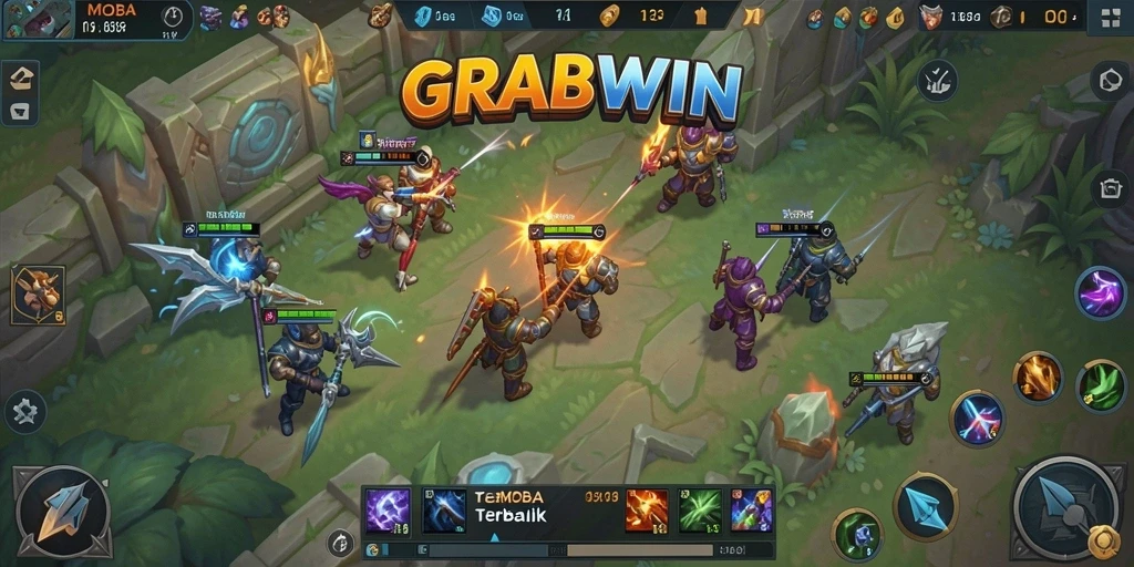 Tampilan aksi seru di game MOBA GRABWIN saat pemain berjuang.