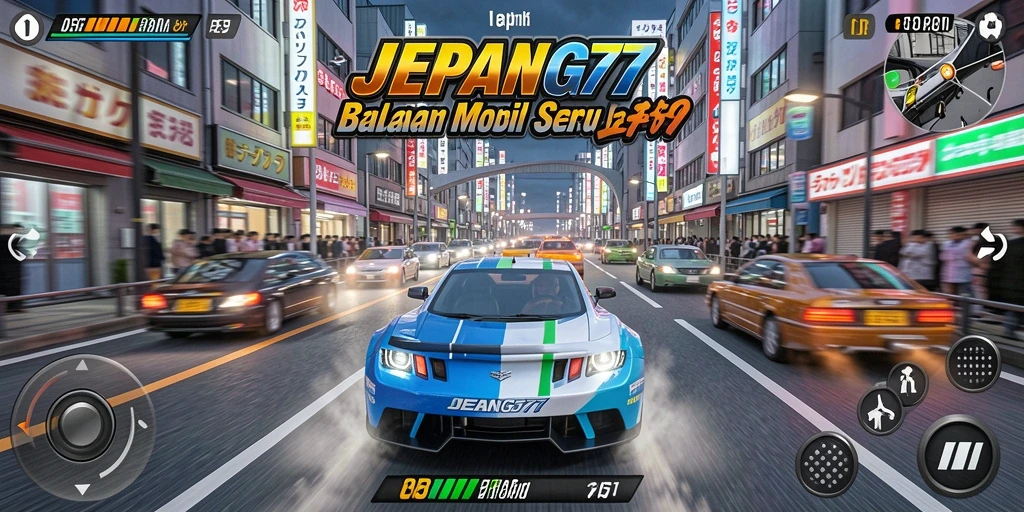 Screenshot utama JEPANG77 menunjukkan mobil balap melaju di jalanan Jepang.