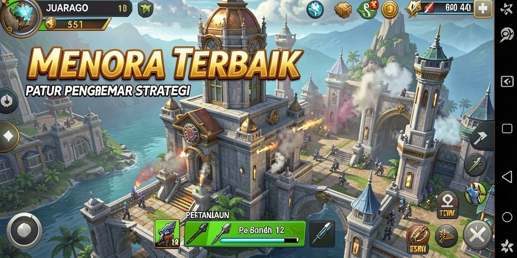 Screenshot utama JUARAGO menampilkan aksi pertahanan menara yang seru dan penuh strategi.