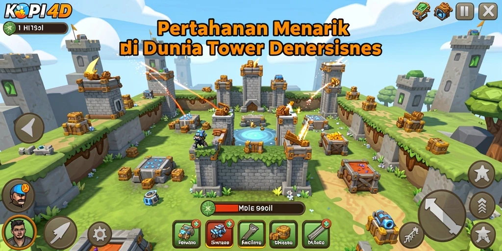 Tampilan gameplay KOPI4D menampilkan menara dan musuh yang dinamis.