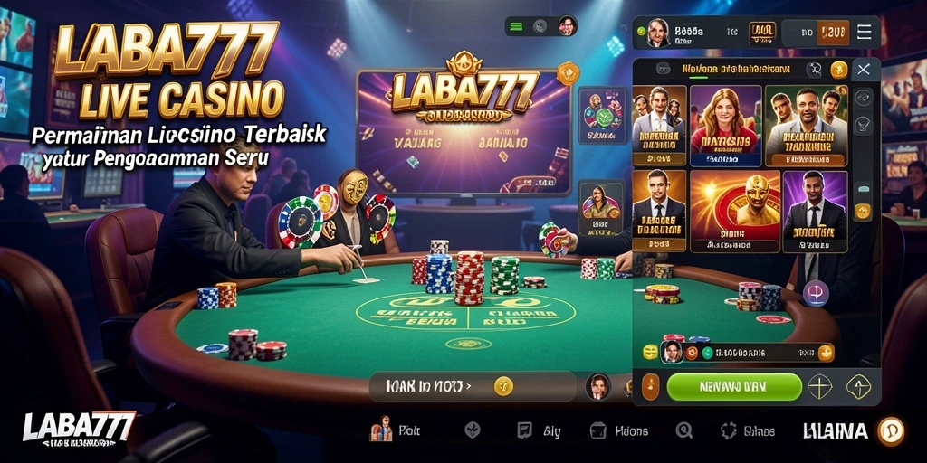 Tangkapan layar utama LABA777 menampilkan dealer Live Casino yang sedang berinteraksi dengan pemain.