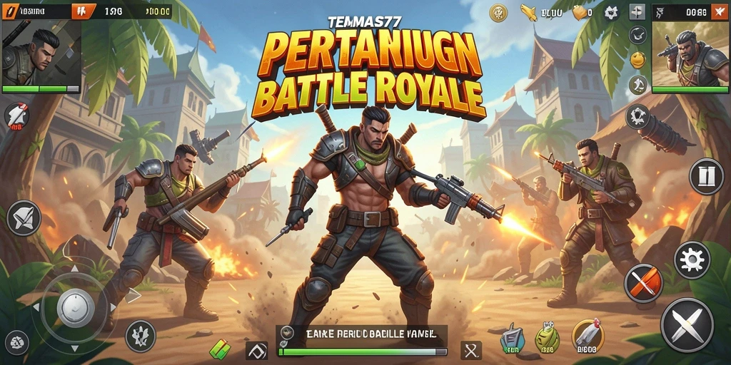 Tampilan screenshot MONAS77 menampilkan aksi pertarungan Battle Royale yang mendebarkan.