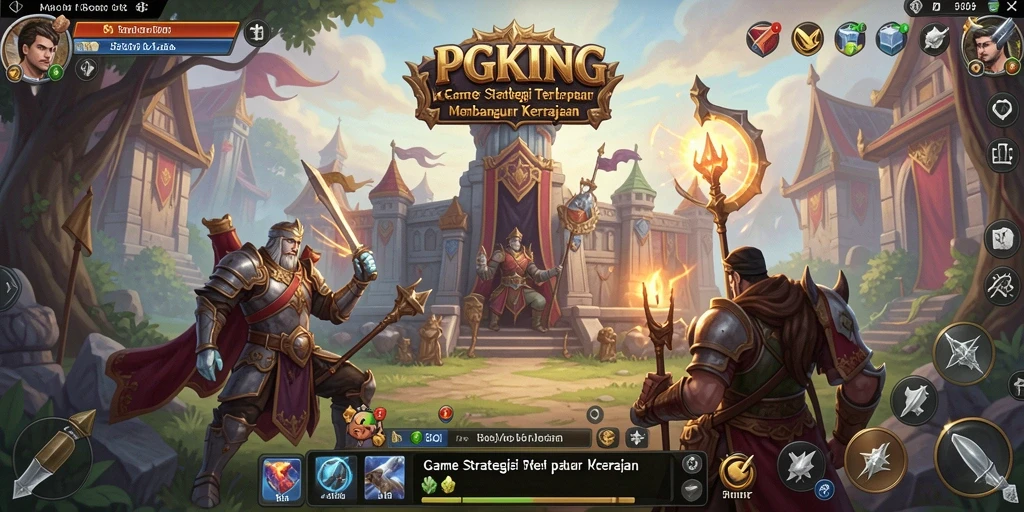 Gameplay PGKING yang menunjukkan pembangunan dan pertempuran strategis.
