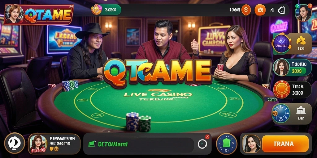 Screenshot QTGAME menampilkan dealer langsung dan gameplay seru di Live Casino.