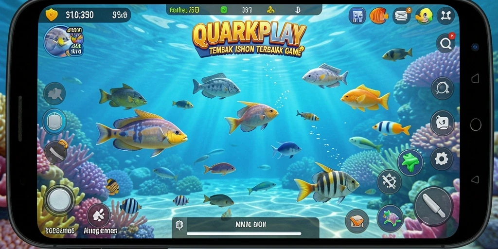 Tampilan gameplay seru di QUARKPLAY saat menembak ikan di laut.