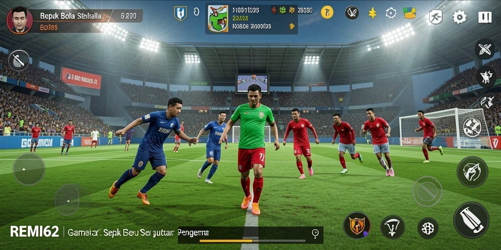 Tampilan gameplay seru dalam REMI62 dengan aksi sepak bola nyata.