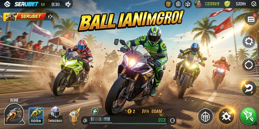 Tangkapan layar utama <strong>SERUBET</strong> menampilkan aksi balapan motor yang mendebarkan.