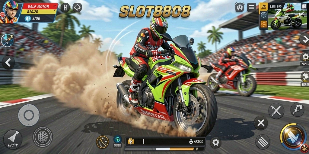 Tangkapan layar utama SLOT8808 menampilkan aksi balapan motor yang mendebarkan.