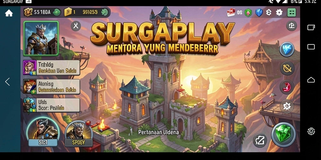 Gambaran gameplay SURGAPLAY dengan menara mempertahankan markas dari serangan musuh.