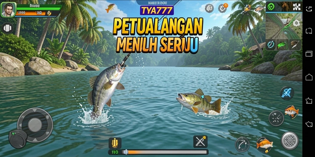 Menampilkan gameplay seru memancing di alam terbuka.