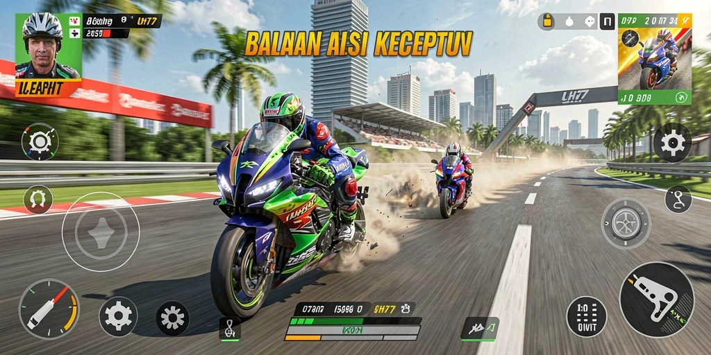 Screenshot UH77 menampilkan aksi balapan motor yang mendebarkan.